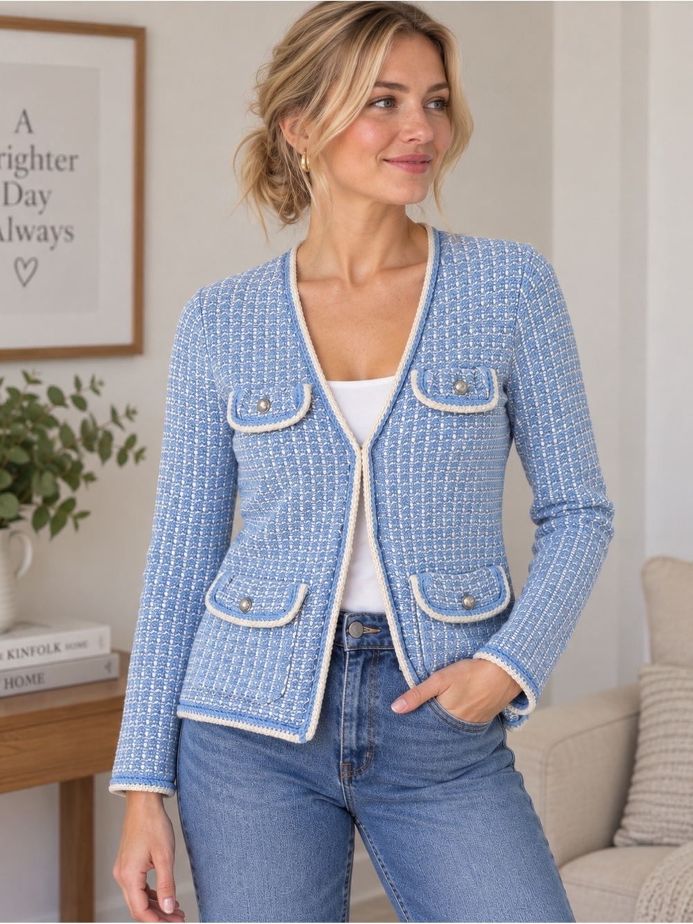 Talbots Women’s XS Blue White Tweed Knit Cardigan Jacket Cotton Blend NWT